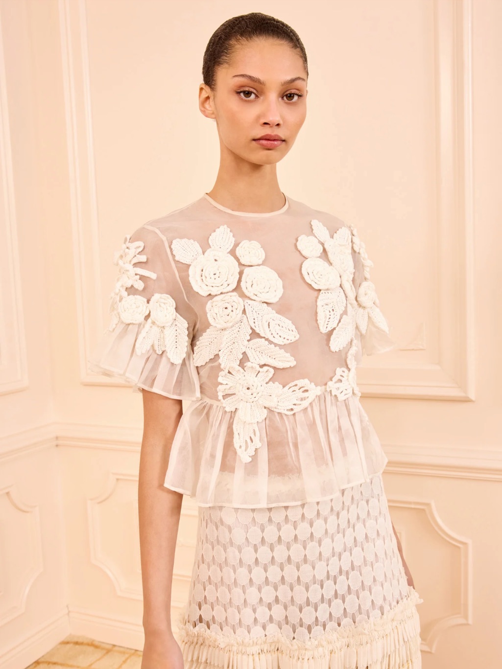 New Season Ulla Johnson Aliya Organza Blouse With Hand Crochet 00